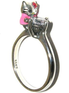 Hello Kitty Ring, Sterling Silver With 3-D Kitty Holding Sparkling CZ Crystal